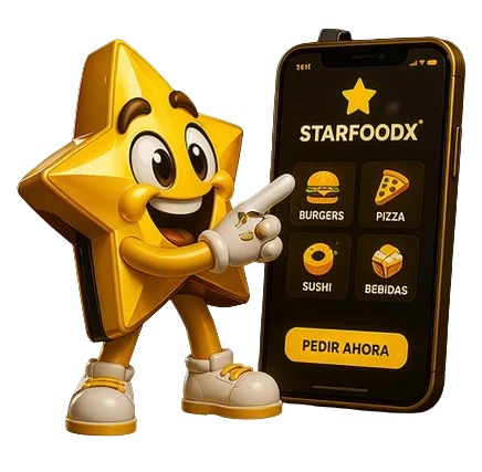 Mascota dorada de StarFoodX presentando la aplicación